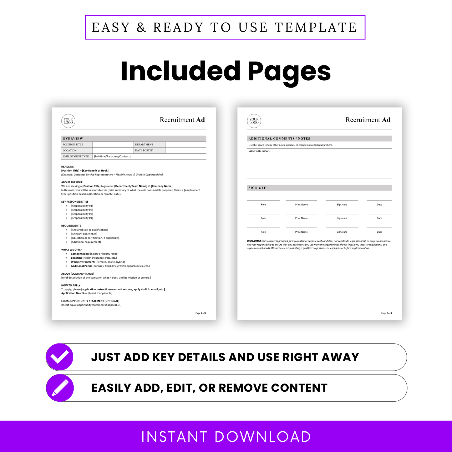 Recruitment advertisement template pages preview including job posting layout and additional notes page, editable HR document for hiring employees, printable job ad template