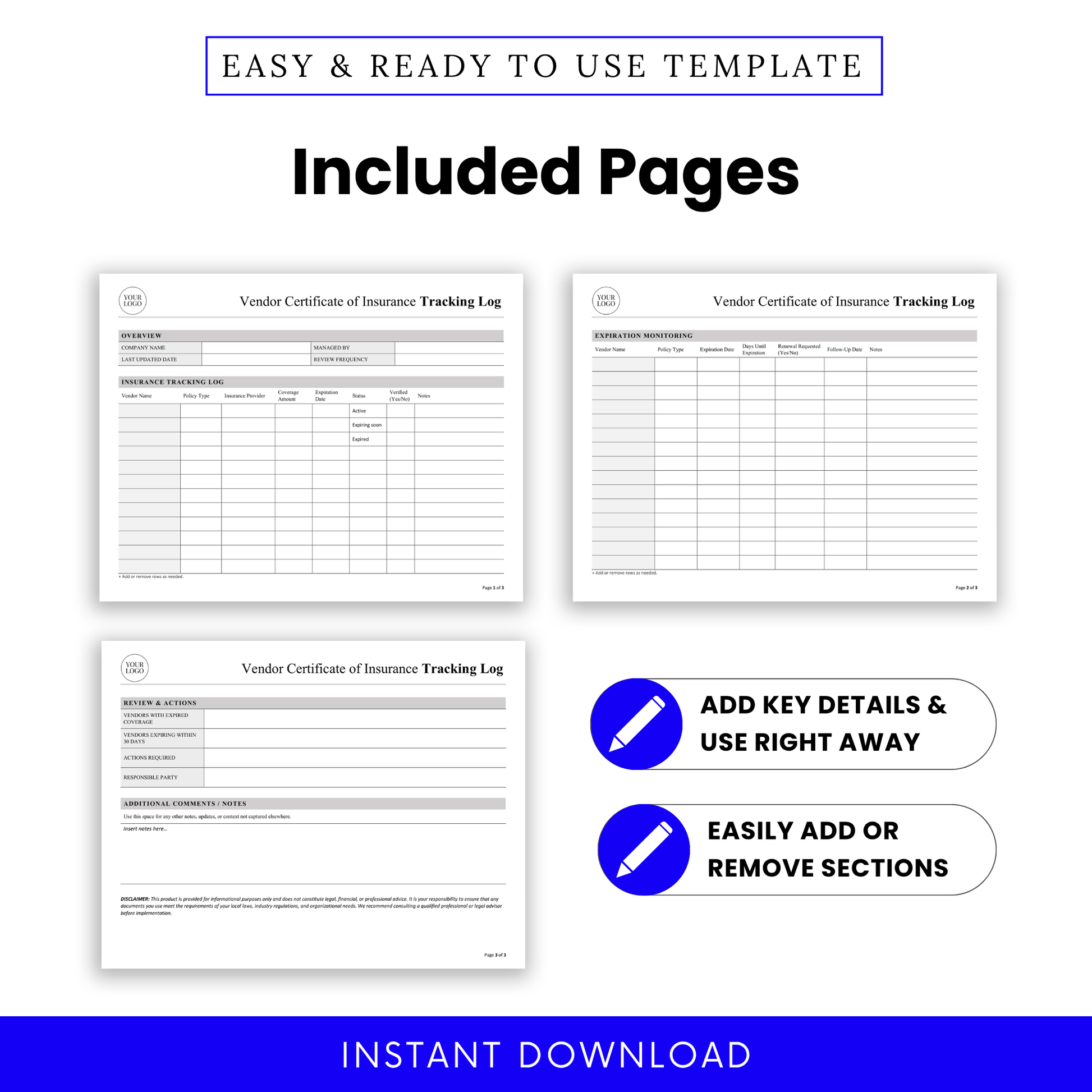 Editable Vendor Certificate of Insurance Log Template preview displaying multiple pages including tracking log, expiration monitoring, and review sections. This printable business template is designed for teams to manage vendor insurance records efficiently and keep documentation organized.