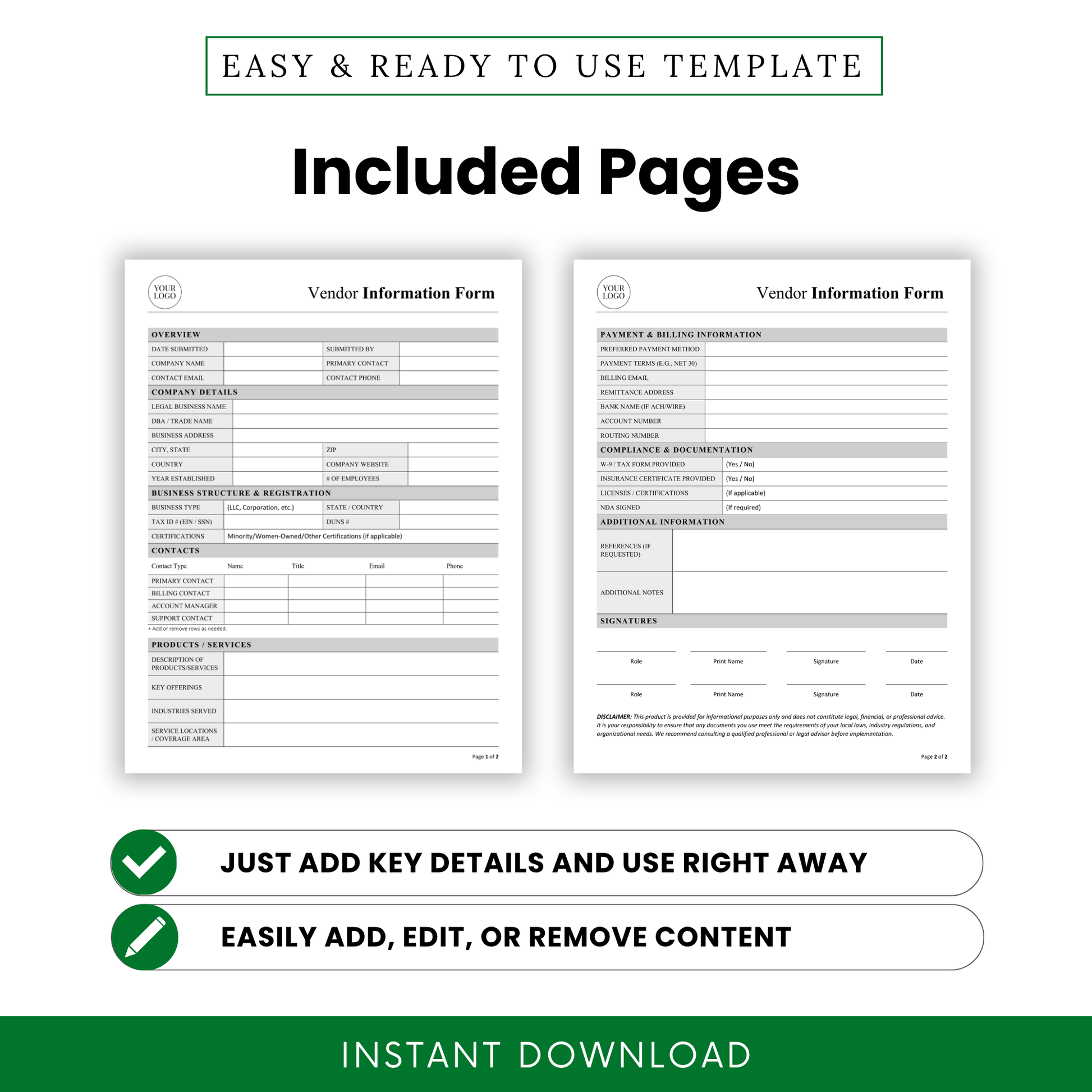Vendor Information Form Template PDF preview displaying both included pages with structured sections for company details, contacts, and billing information. This printable business template helps teams efficiently manage vendor records and maintain accurate documentation across operations.