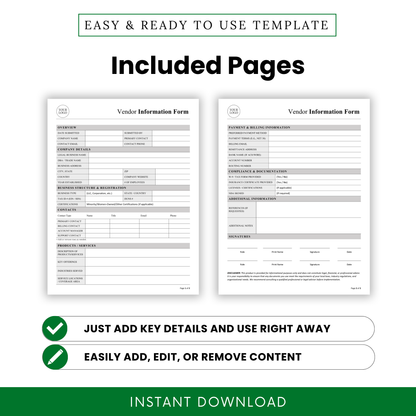 Vendor Information Form Template PDF preview displaying both included pages with structured sections for company details, contacts, and billing information. This printable business template helps teams efficiently manage vendor records and maintain accurate documentation across operations.