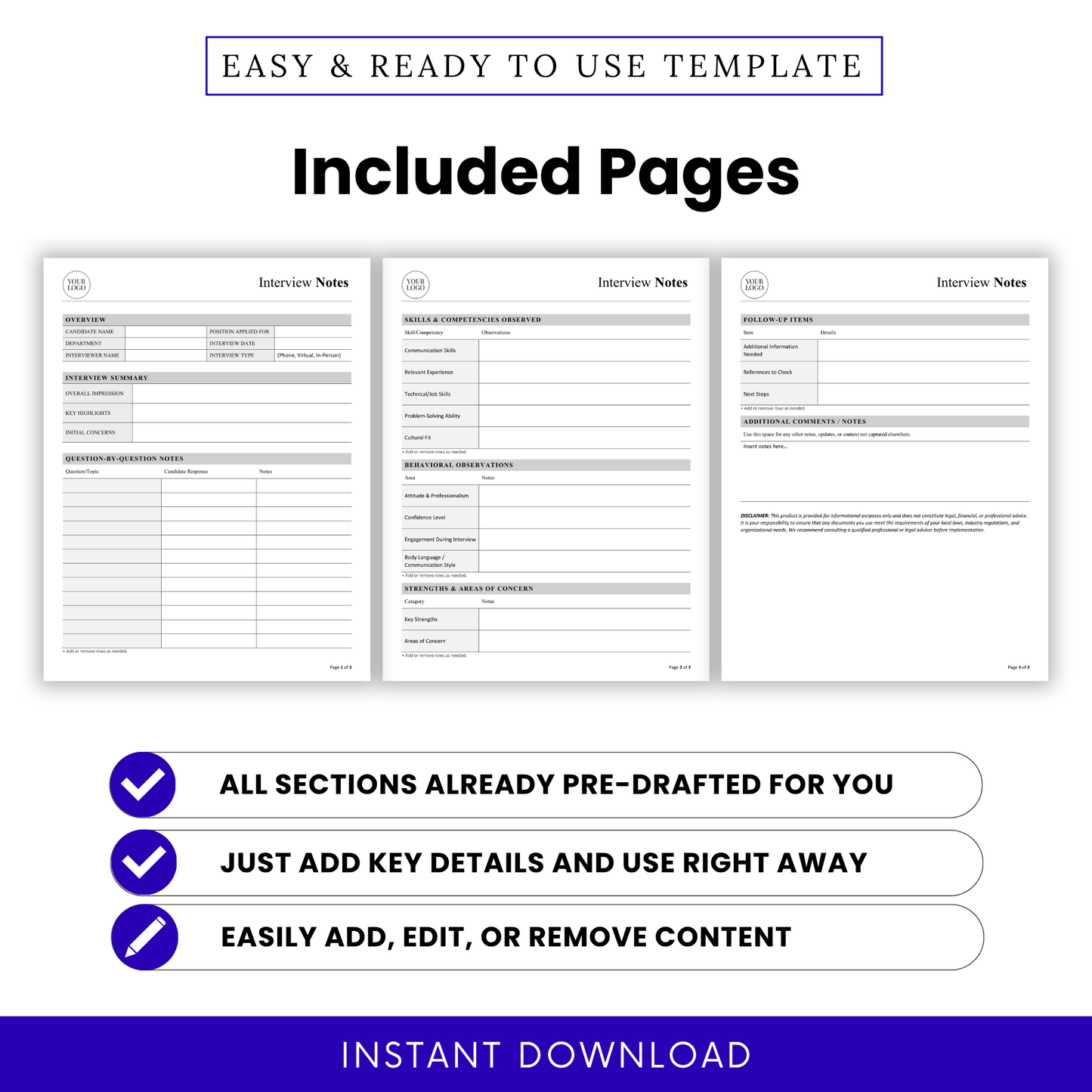 Interview notes template pages preview including overview, skills assessment, and follow-up sections, HR printable hiring document, multi-page evaluation form