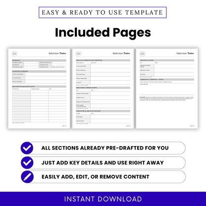 Interview notes template pages preview including overview, skills assessment, and follow-up sections, HR printable hiring document, multi-page evaluation form