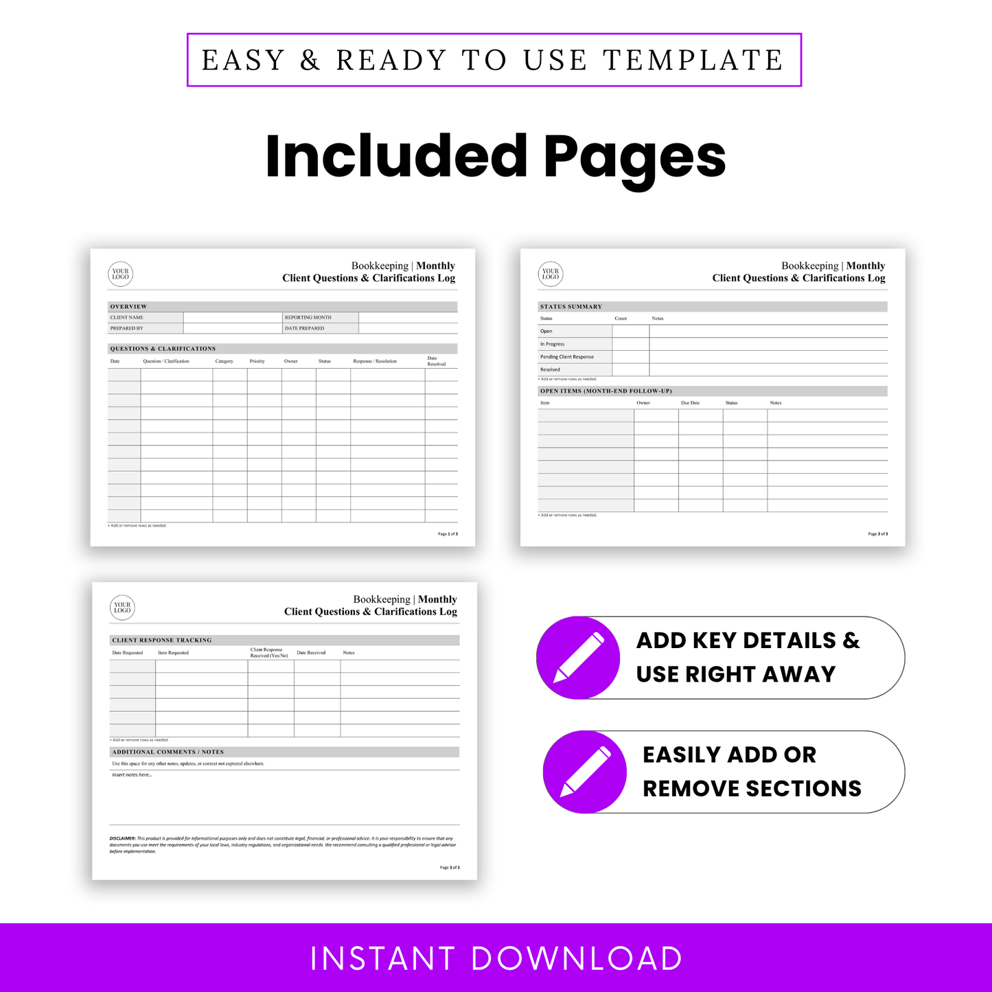 Preview of bookkeeping client log template pages including questions log, status summary, and client response tracking sheets for monthly accounting workflow