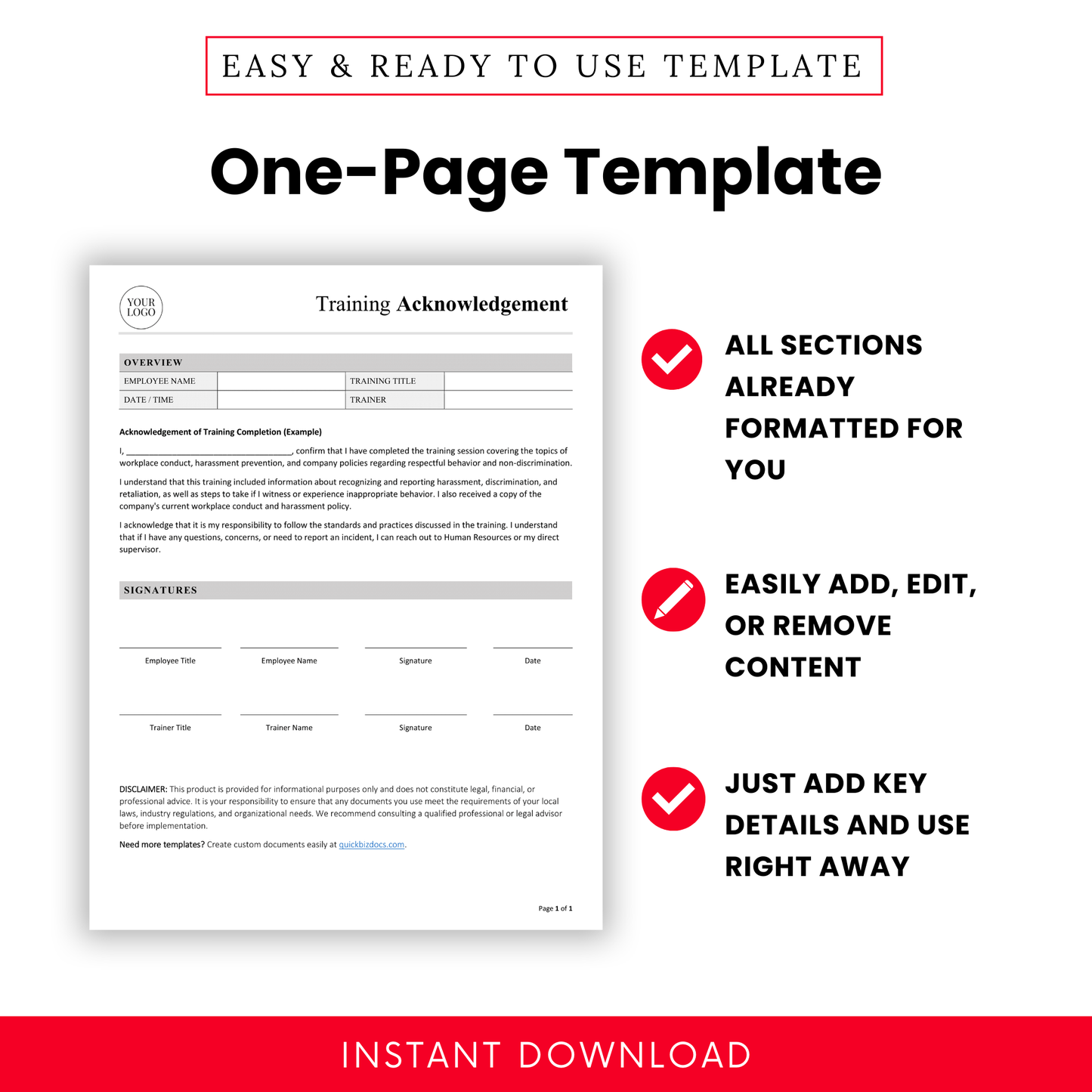One-page template for training acknowledgement with sections for employee and trainer info, training title/date, acknowledgement text, and signatures. Emphasizes ease of use and editability.