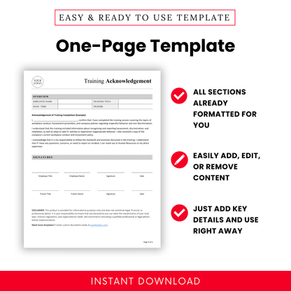 One-page template for training acknowledgement with sections for employee and trainer info, training title/date, acknowledgement text, and signatures. Emphasizes ease of use and editability.