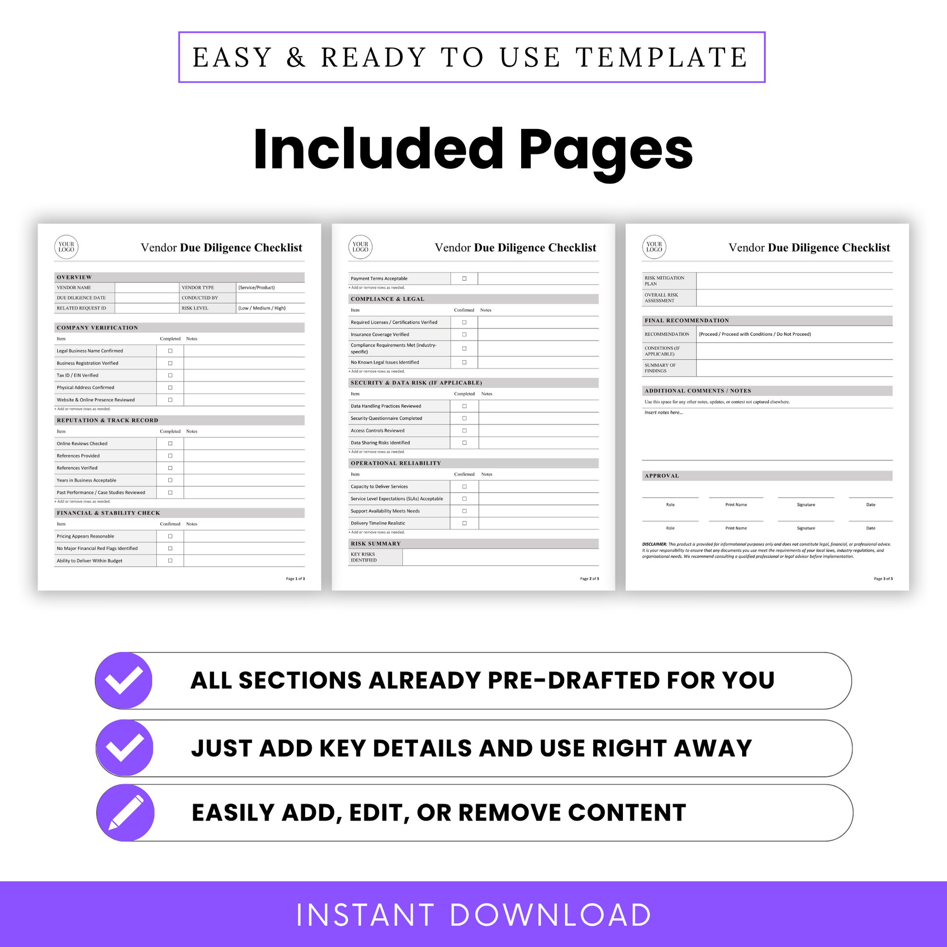 Vendor Due Diligence Checklist Template Word preview displaying all included pages with a clean, printable layout for easy documentation. This editable Vendor Due Diligence Template is ideal for teams managing supplier evaluations, audits, and internal due diligence records.