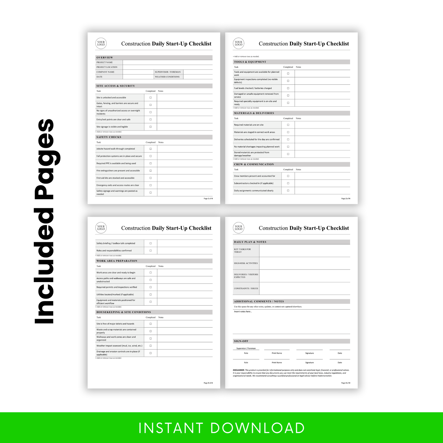 Construction Daily Start-Up Checklist Template Word preview showing all included pages with structured sections for safety, equipment, and daily planning. This editable construction checklist template helps streamline workflows, track site conditions, and document daily activities. Ideal printable PDF for contractors, foremen, and site supervisors.