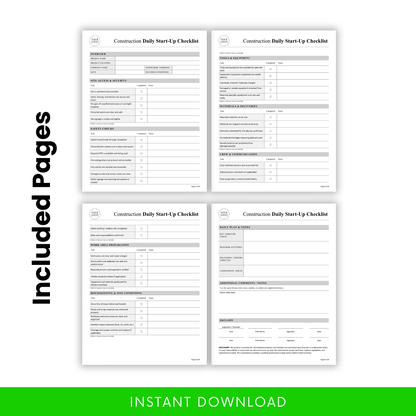 Construction Daily Start-Up Checklist Template Word preview showing all included pages with structured sections for safety, equipment, and daily planning. This editable construction checklist template helps streamline workflows, track site conditions, and document daily activities. Ideal printable PDF for contractors, foremen, and site supervisors.