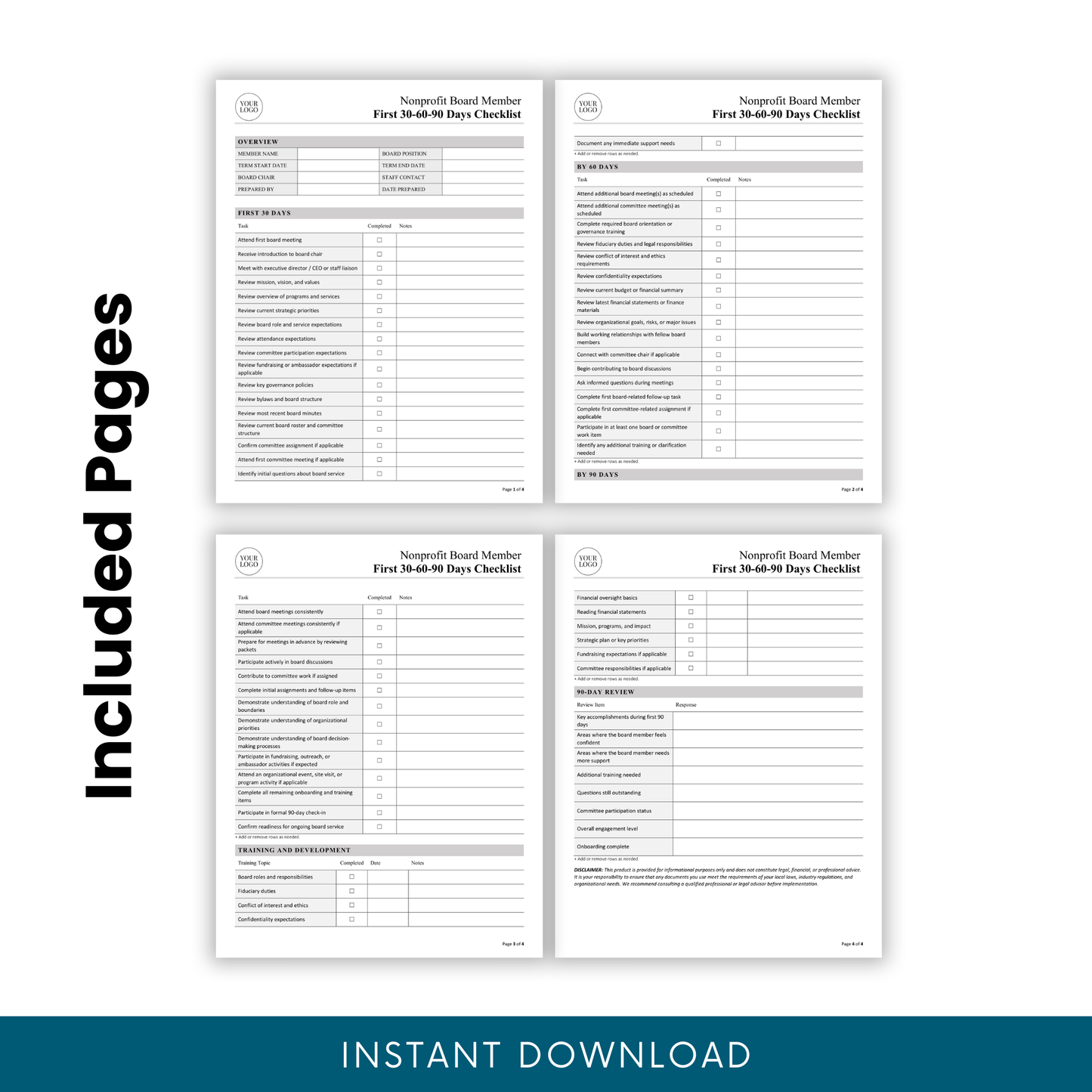 Four-page nonprofit board member first 30-60-90 days checklist template preview showing all included pages for onboarding, milestone tracking, training, and 90-day review in a professional printable layout for nonprofit board administration