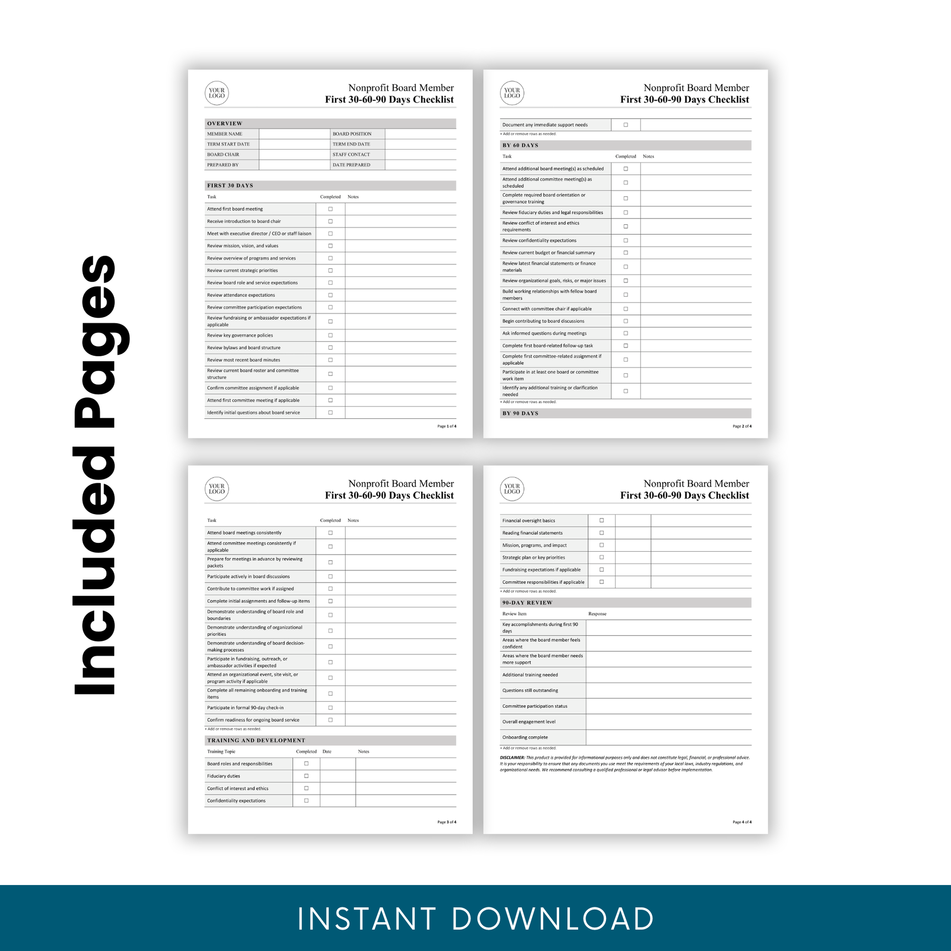 Four-page nonprofit board member first 30-60-90 days checklist template preview showing all included pages for onboarding, milestone tracking, training, and 90-day review in a professional printable layout for nonprofit board administration