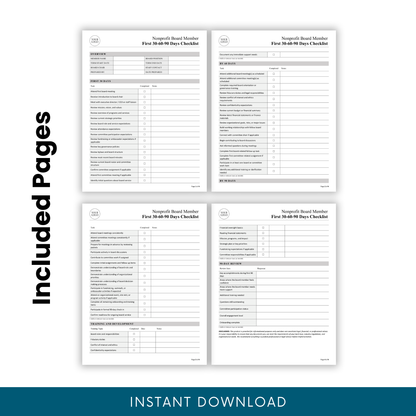 Four-page nonprofit board member first 30-60-90 days checklist template preview showing all included pages for onboarding, milestone tracking, training, and 90-day review in a professional printable layout for nonprofit board administration