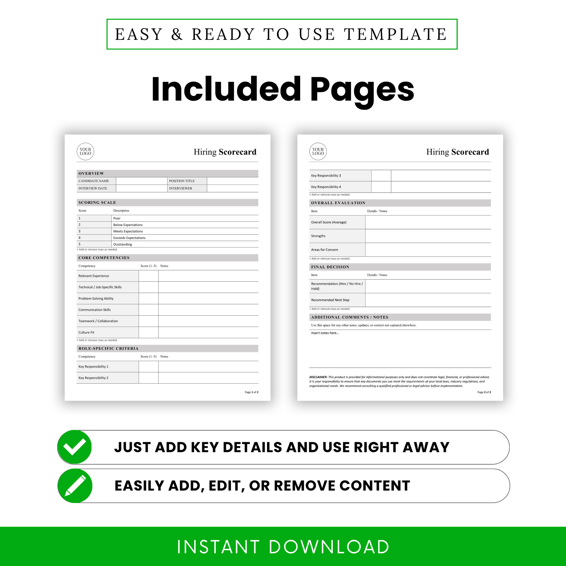 Hiring scorecard template pages preview including candidate evaluation form, interview score sheet, hiring decision worksheet, HR printable document for recruiters and managers