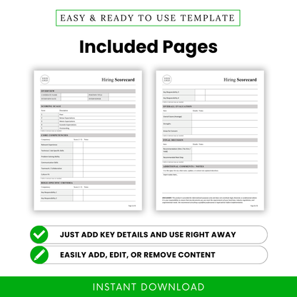 Hiring scorecard template pages preview including candidate evaluation form, interview score sheet, hiring decision worksheet, HR printable document for recruiters and managers