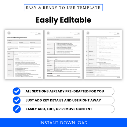 Side-by-side page previews highlighting editable SOP sections including review procedures, roles, and documentation fields