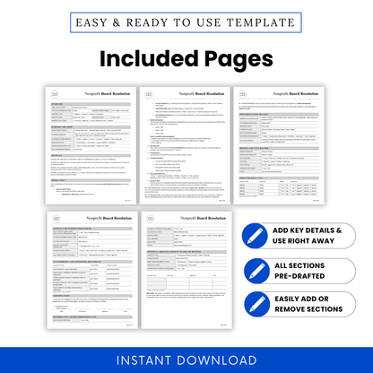 Multi-page nonprofit board resolution template preview showing structured sections, meeting records, voting details, attachments, and compliance documentation for board use