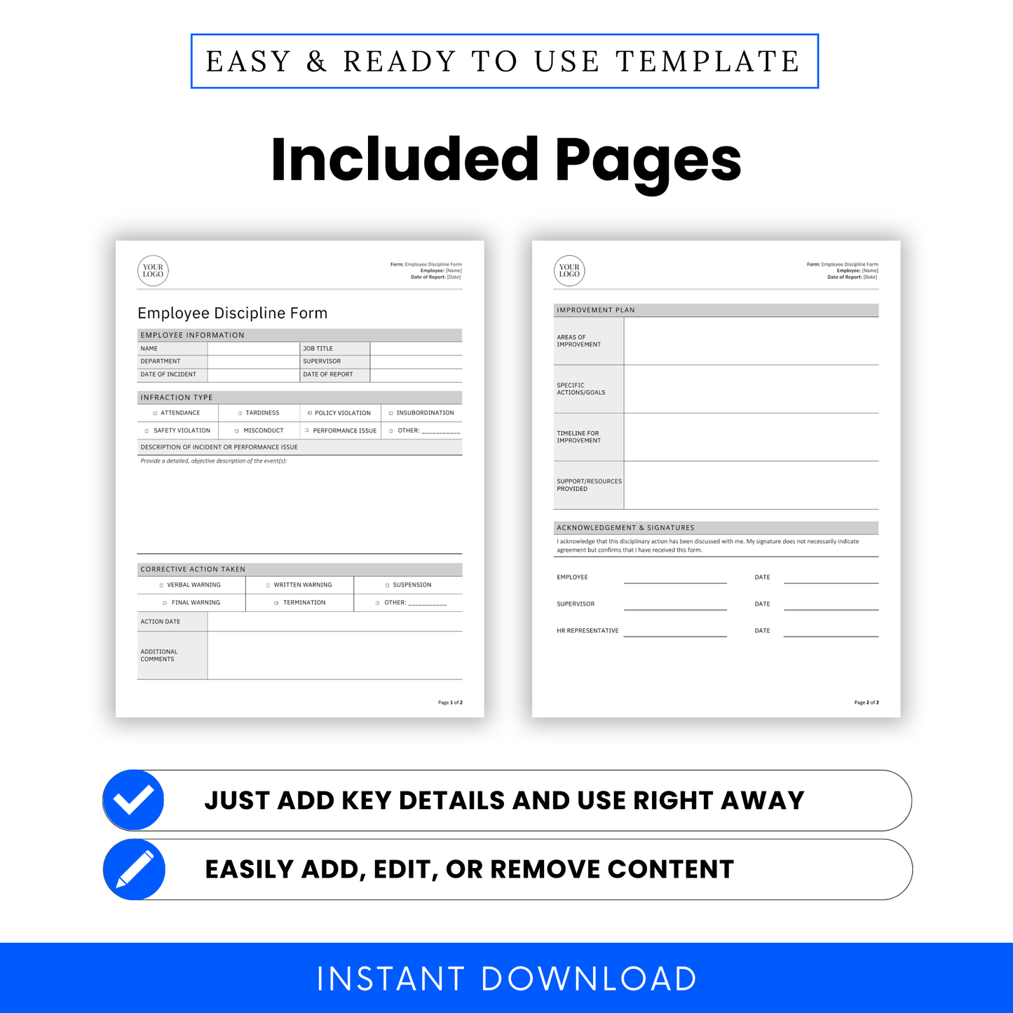 Preview of two-page Employee Discipline Form with key details like infraction type and improvement plan; includes icons noting editable and printable content.
