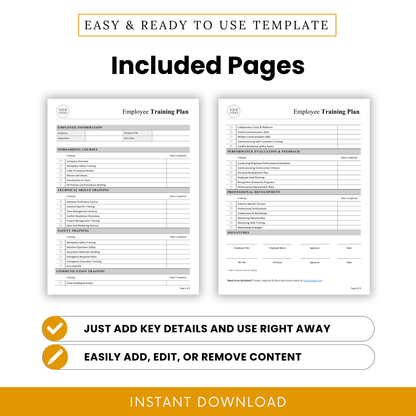 Visual of both pages of the Employee Training Plan form, detailing onboarding, technical skills, safety training, communication, evaluation, and development sections.