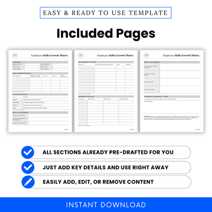 Employee skills growth matrix template pages preview showing overview, development actions, and progress tracking sheets for performance evaluation and workforce planning
