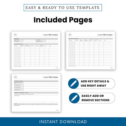 Vendor NDA Tracker Template Word preview displaying all included pages such as NDA Tracking Log, Follow-Up Tracker, and Review sections. This editable Vendor NDA Template helps businesses visualize how to manage vendor agreements, track statuses, and organize documentation efficiently.