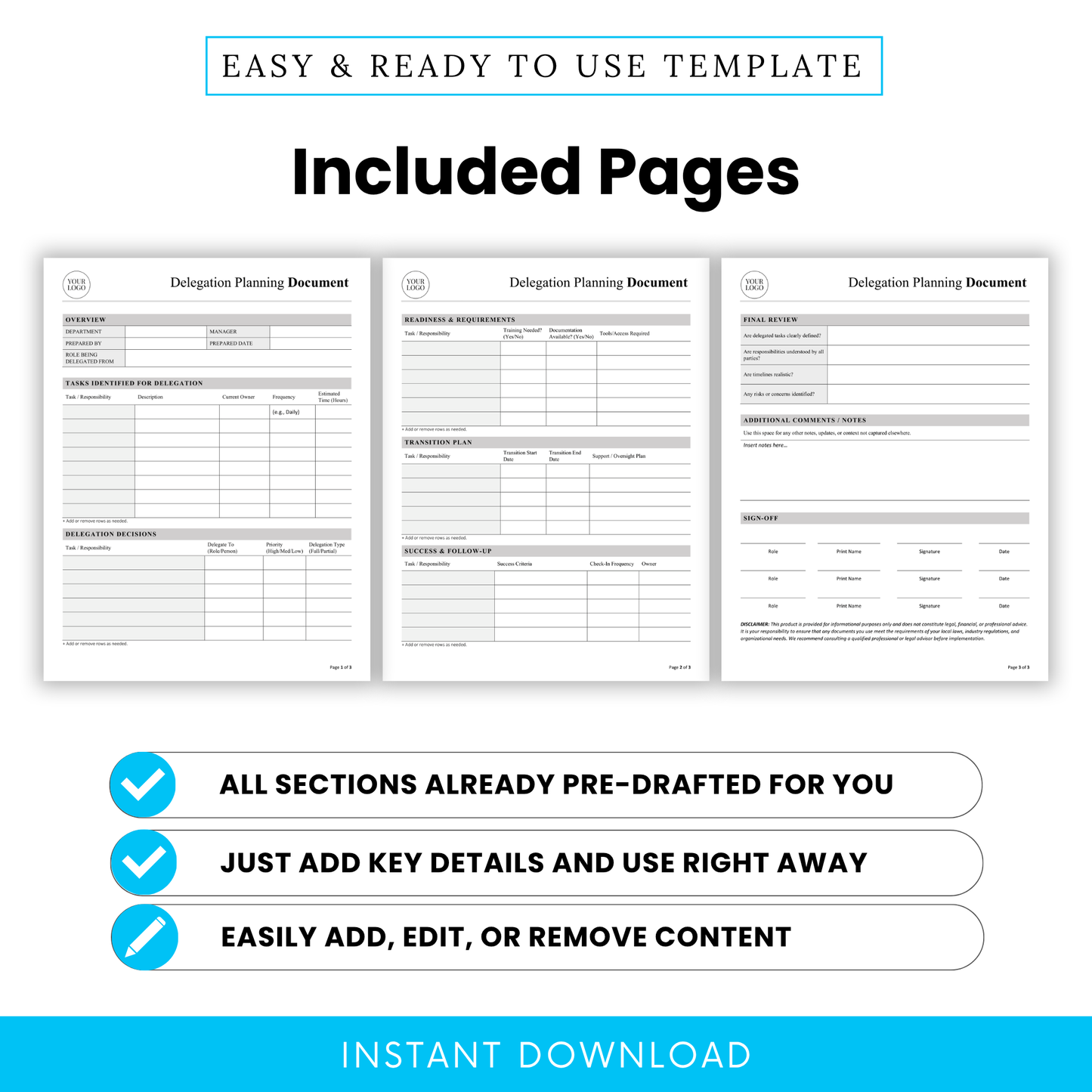 Delegation planning template pages preview displaying three-page layout with sections for task delegation, transition planning, readiness requirements, and success tracking, ideal for project managers and business operations planning