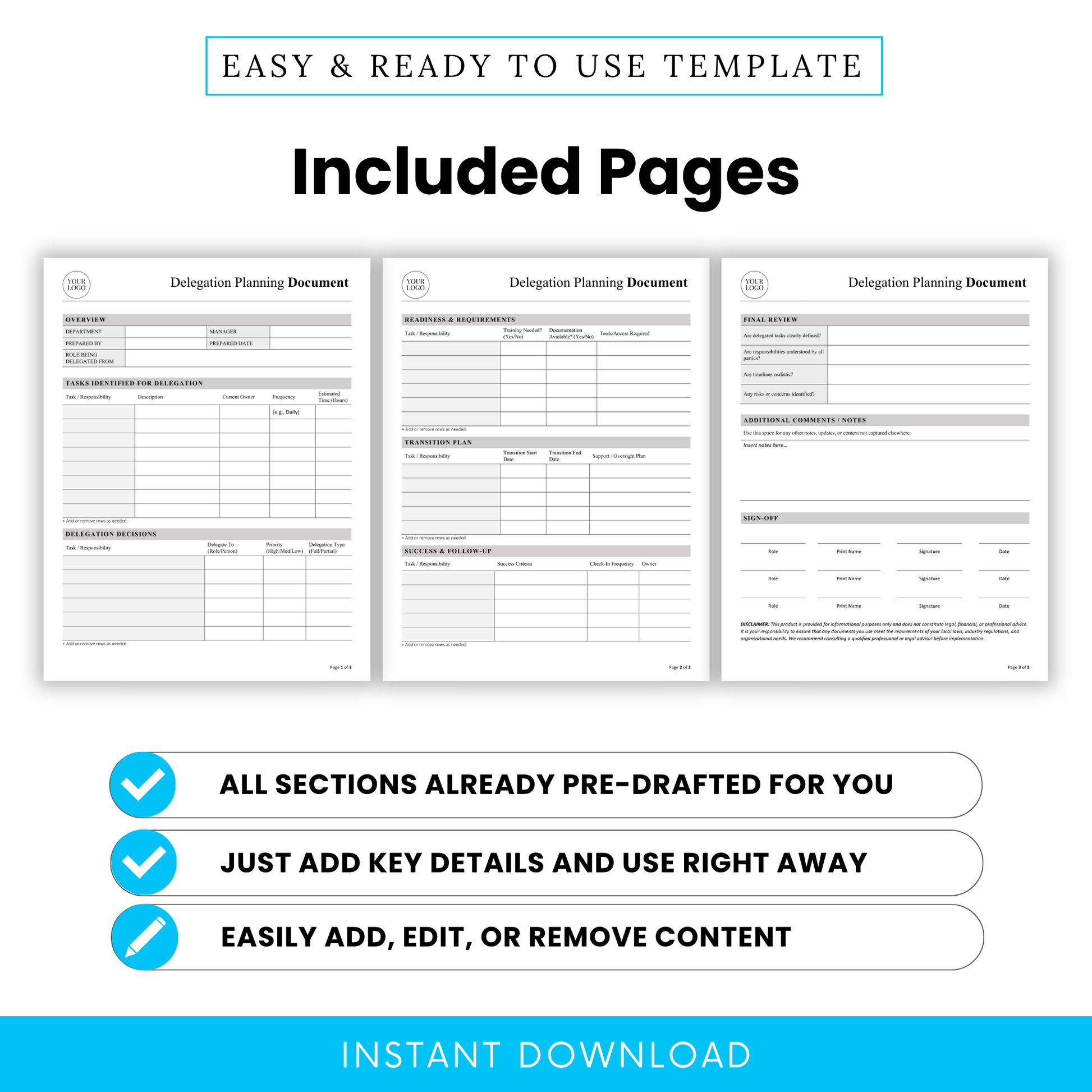 Delegation planning template pages preview displaying three-page layout with sections for task delegation, transition planning, readiness requirements, and success tracking, ideal for project managers and business operations planning