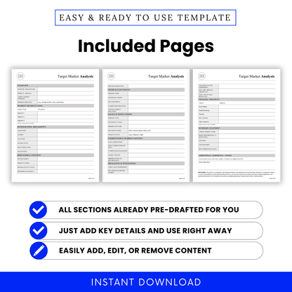 Preview of the full Target Market Analysis Template PDF showing all included pages in a structured, professional format. This Target Market Analysis Template Word document is designed for easy editing, helping business owners and marketers quickly input data and organize their market research.