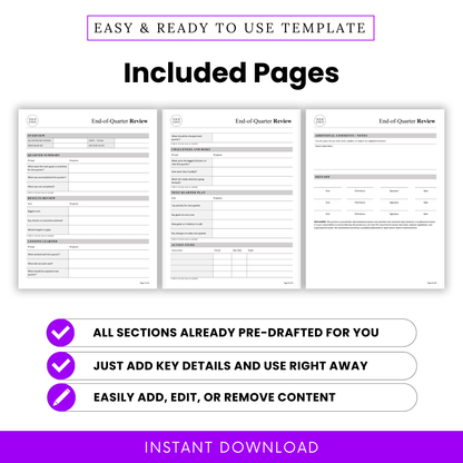 End-of-quarter review template pages showing overview, quarterly summary, results review, challenges, action items, and sign-off sections in clean professional layout