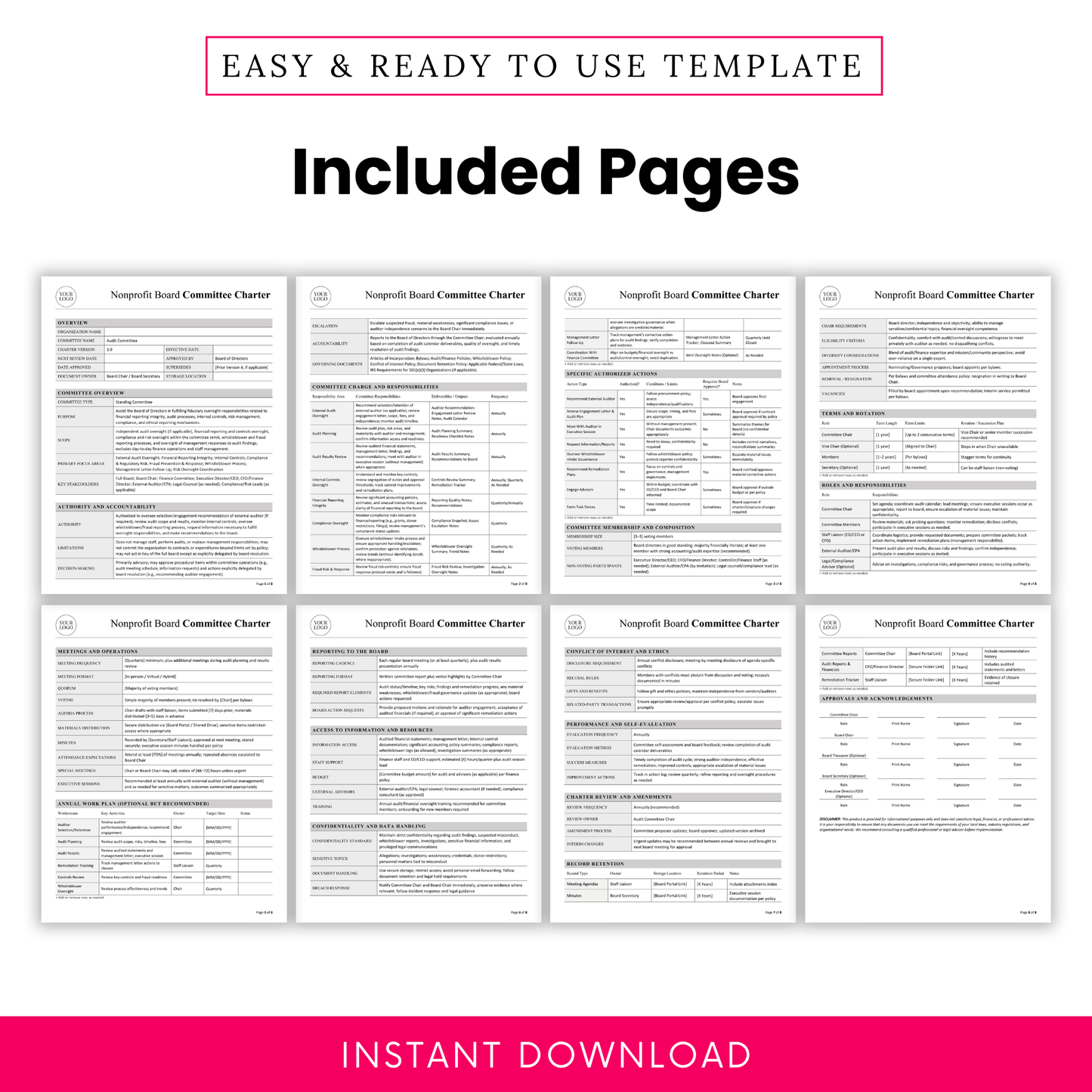 Nonprofit board committee charter template multi-page preview showing detailed governance document layout, professional formatting, and structured sections for audit committee use