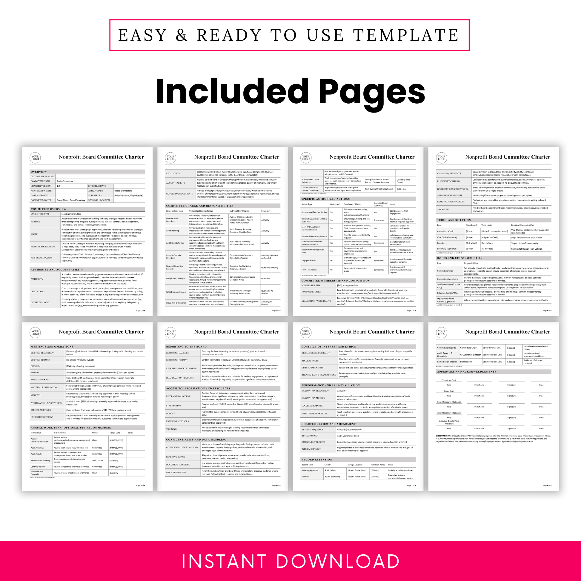 Nonprofit board committee charter template multi-page preview showing detailed governance document layout, professional formatting, and structured sections for audit committee use