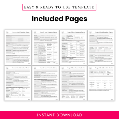 Nonprofit board committee charter template multi-page preview showing detailed governance document layout, professional formatting, and structured sections for audit committee use