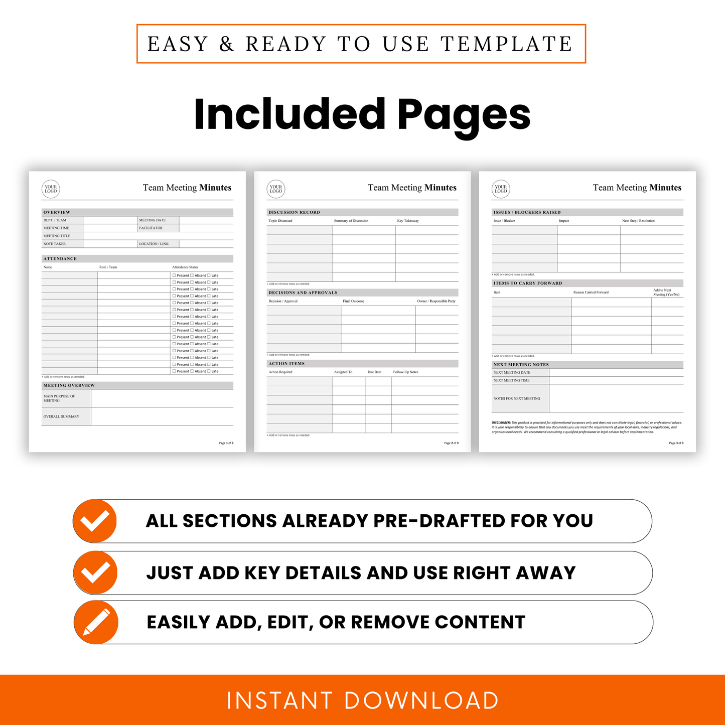 Three-page team meeting minutes template showing overview page, discussion record, decisions and action items, and issues tracking sections