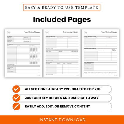Three-page team meeting minutes template showing overview page, discussion record, decisions and action items, and issues tracking sections