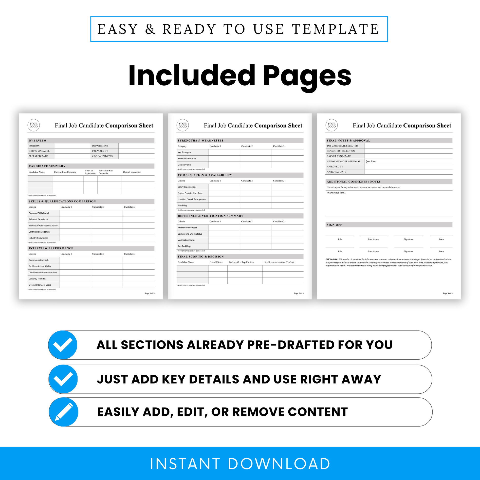 Final Job Candidate Comparison Sheet Template PDF preview displaying all included pages, from candidate summary to final decision and approval sections. This printable Candidate Comparison Template is designed for HR teams and small businesses needing a complete, professional hiring workflow document.