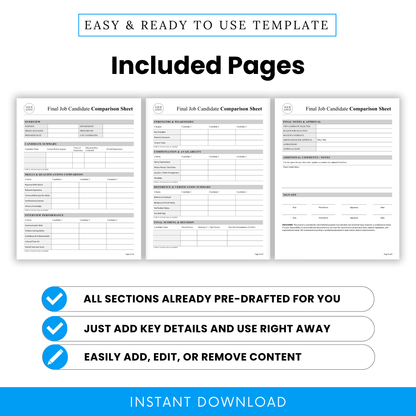 Final Job Candidate Comparison Sheet Template PDF preview displaying all included pages, from candidate summary to final decision and approval sections. This printable Candidate Comparison Template is designed for HR teams and small businesses needing a complete, professional hiring workflow document.