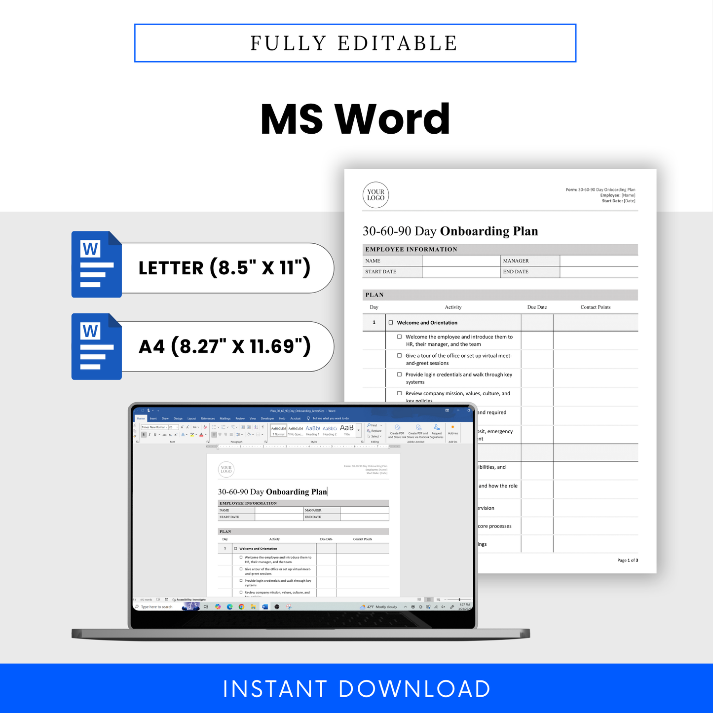 editable onboarding plan template in MS Word, employee onboarding checklist docx file, HR onboarding plan template letter A4 sizes, customizable business document