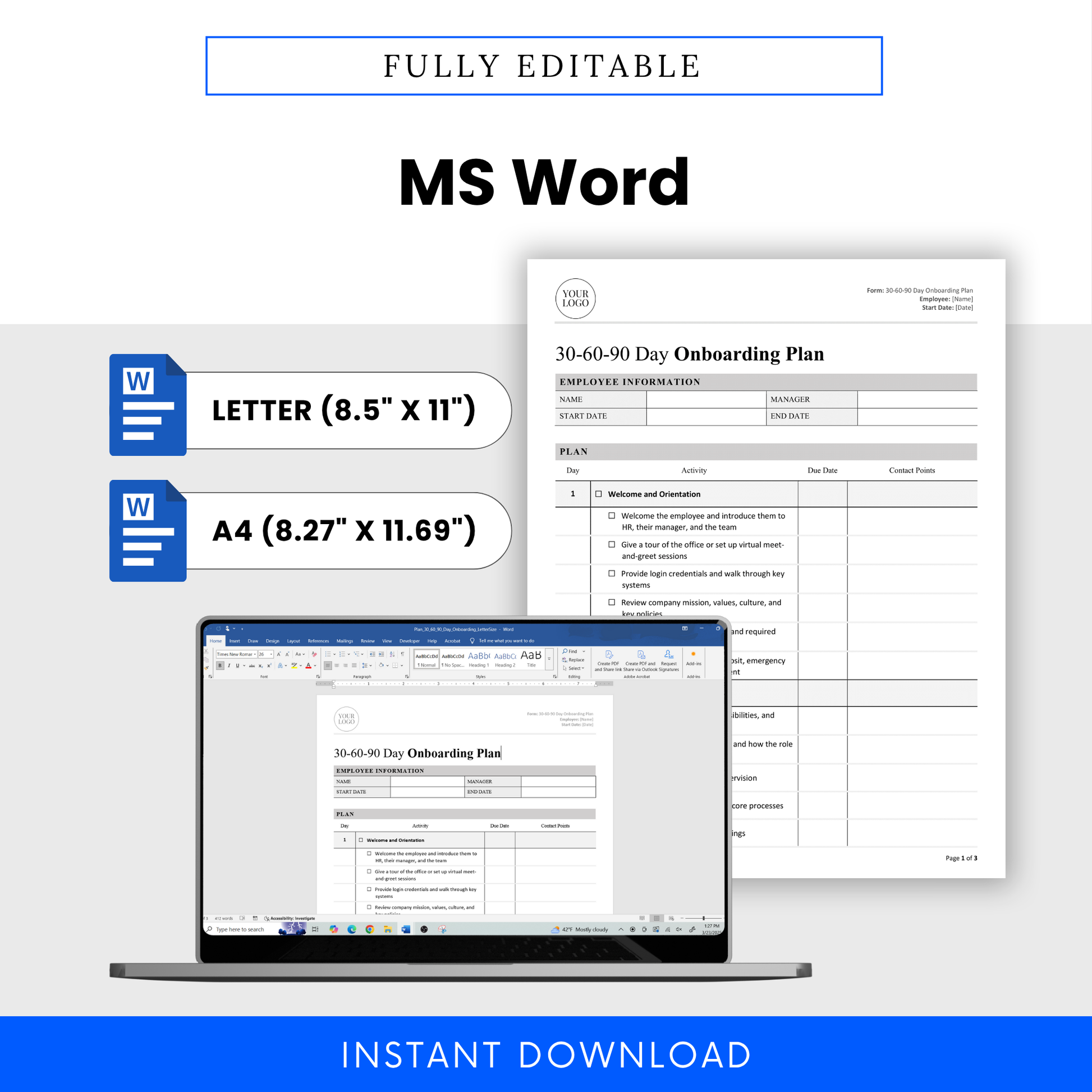 editable onboarding plan template in MS Word, employee onboarding checklist docx file, HR onboarding plan template letter A4 sizes, customizable business document