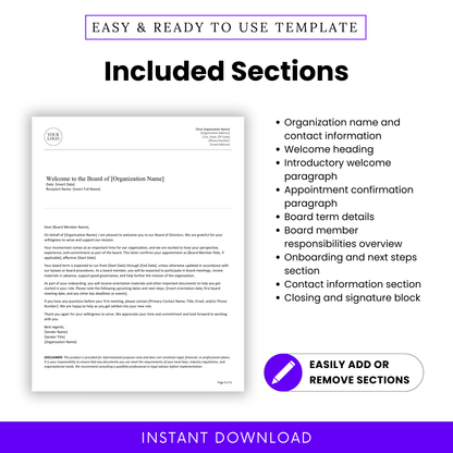 Nonprofit board member welcome letter template with included sections for organization name and contact information, welcome heading, introductory paragraph, appointment confirmation, board term details, responsibilities overview, onboarding steps, contact section, and signature block