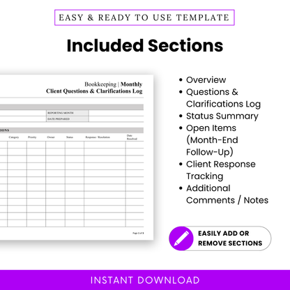 Bookkeeping template sections list including overview, questions and clarifications log, status summary, open items follow up, and client response tracking
