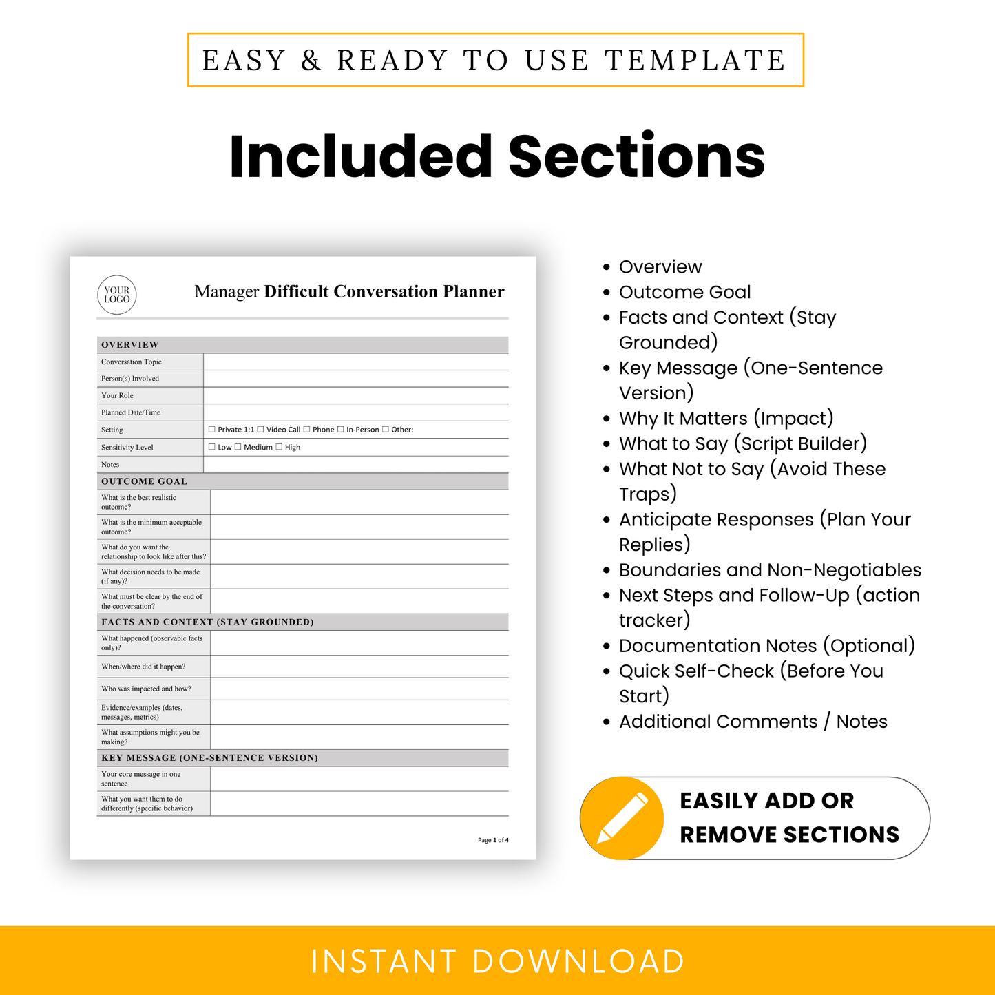 Manager difficult conversation planner sections list including overview, outcome goals, facts and context, key message, script builder, response planning, boundaries, follow-up tracker, and notes