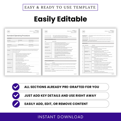 Budgeting & Financial Planning SOP template. Features a document preview showcasing structured sections, including roles and responsibilities, terms and definitions, and procedures. Highlights three key benefits: all sections are pre-drafted, just add key details and use immediately, and easily add, edit, or remove content. Includes an 'Instant Download' banner.