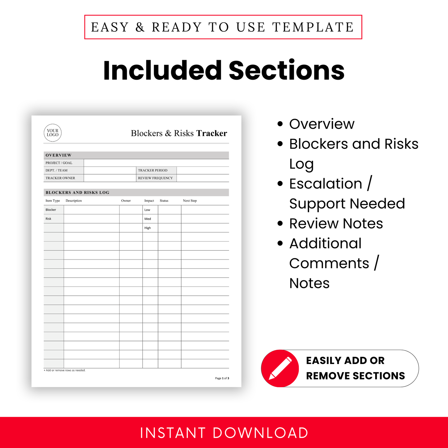 Professional risk tracker template showing sections for project overview, blockers and risks log, escalation support, review notes, and additional comments designed for efficient project management documentation