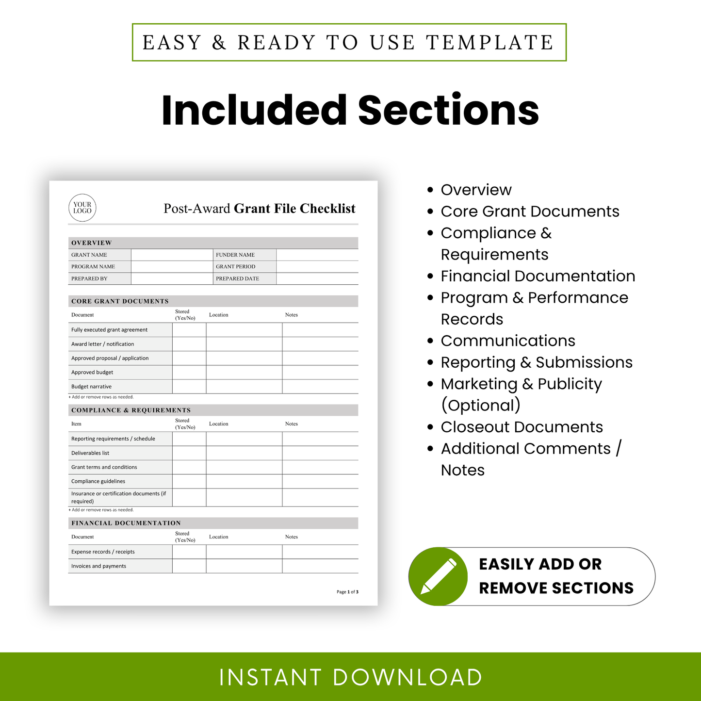Post-Award Grant File Checklist Template PDF displaying all included sections such as compliance, financial documentation, and reporting. This simple grant checklist template is perfect for grant managers and nonprofit teams needing a structured, editable document for tracking requirements.