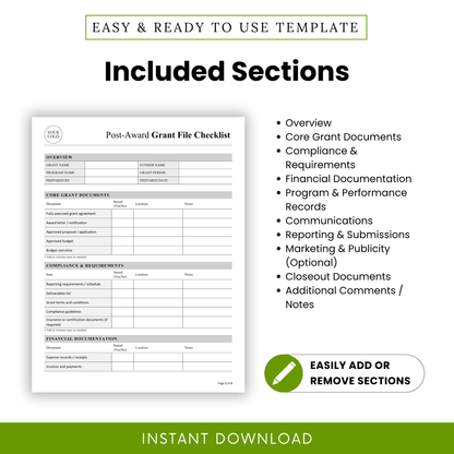 Post-Award Grant File Checklist Template PDF displaying all included sections such as compliance, financial documentation, and reporting. This simple grant checklist template is perfect for grant managers and nonprofit teams needing a structured, editable document for tracking requirements.