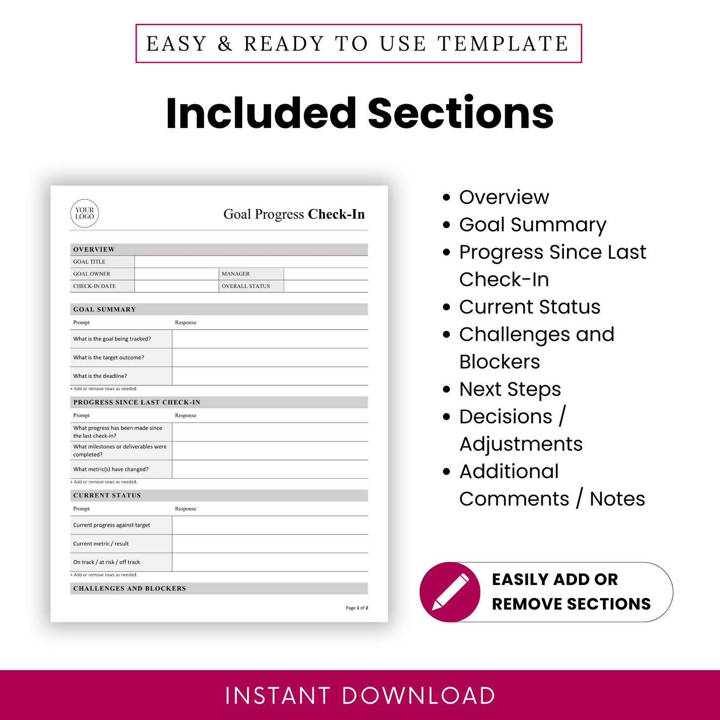 Goal progress check-in template sections overview including goal summary, progress updates, current status, challenges, next steps, decisions, and additional notes for project tracking