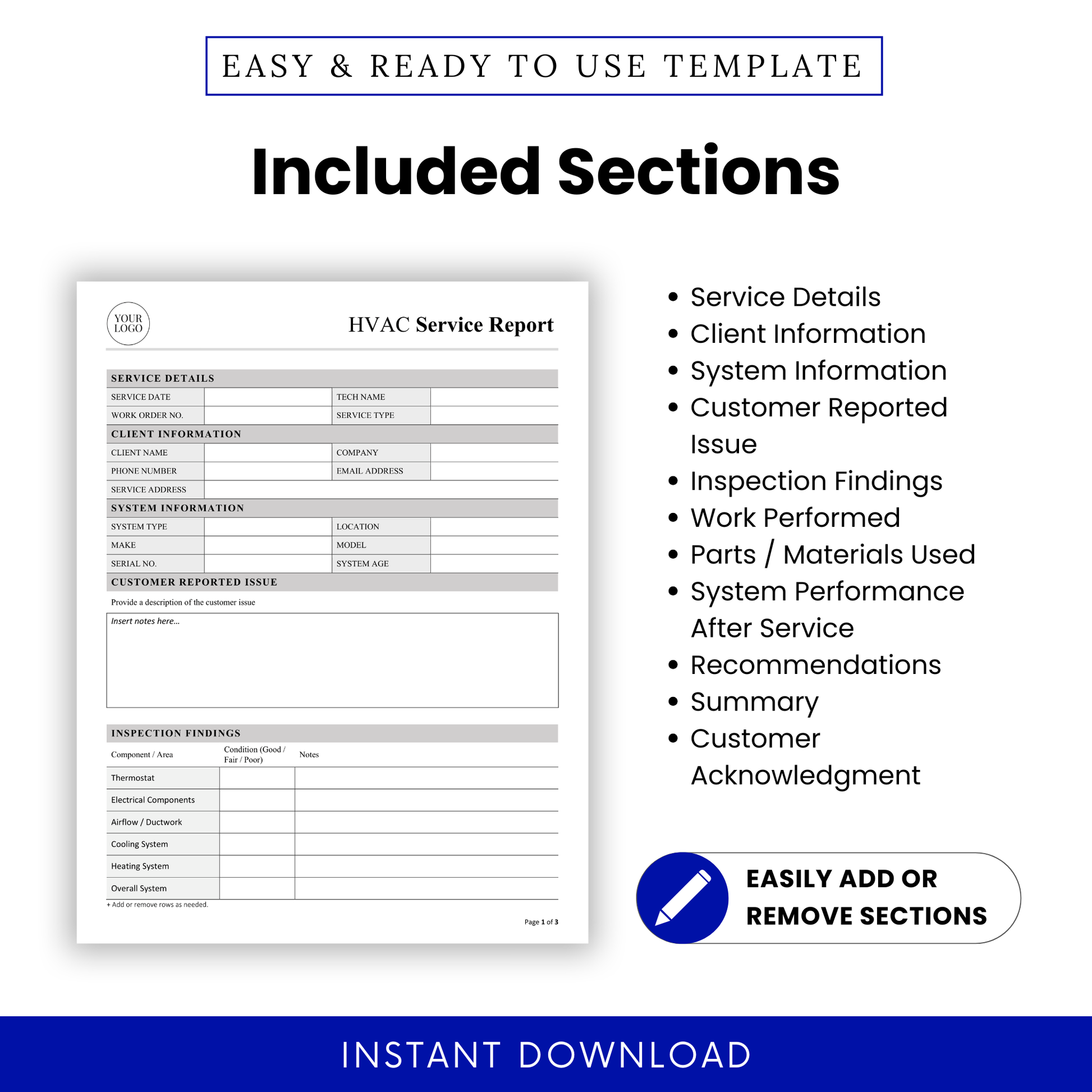 Detailed view of HVAC Service Report template sections including service details, inspection findings, and customer acknowledgment. This simple HVAC template helps contractors and technicians easily customize and manage service documentation for every job.