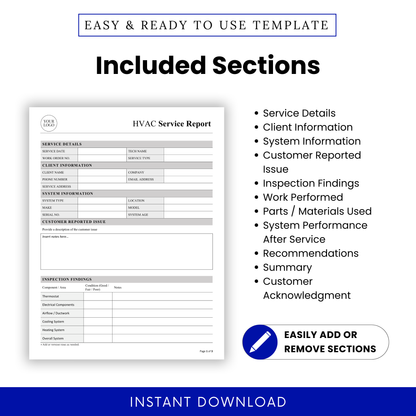 Detailed view of HVAC Service Report template sections including service details, inspection findings, and customer acknowledgment. This simple HVAC template helps contractors and technicians easily customize and manage service documentation for every job.