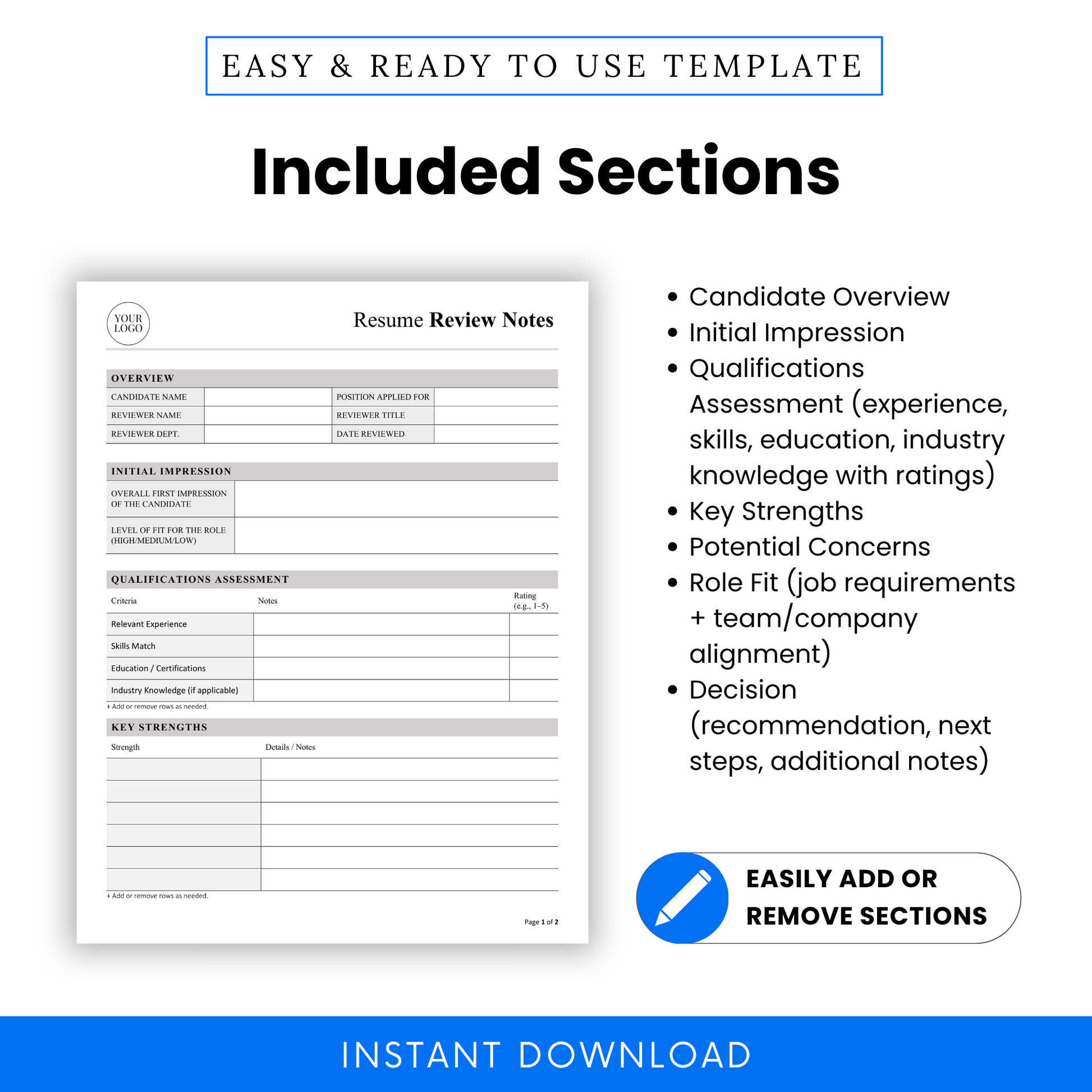 Resume evaluation template sections list including candidate overview, initial impression, qualifications assessment, strengths, concerns, role fit and hiring decision, HR interview evaluation sheet
