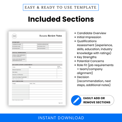 Resume evaluation template sections list including candidate overview, initial impression, qualifications assessment, strengths, concerns, role fit and hiring decision, HR interview evaluation sheet