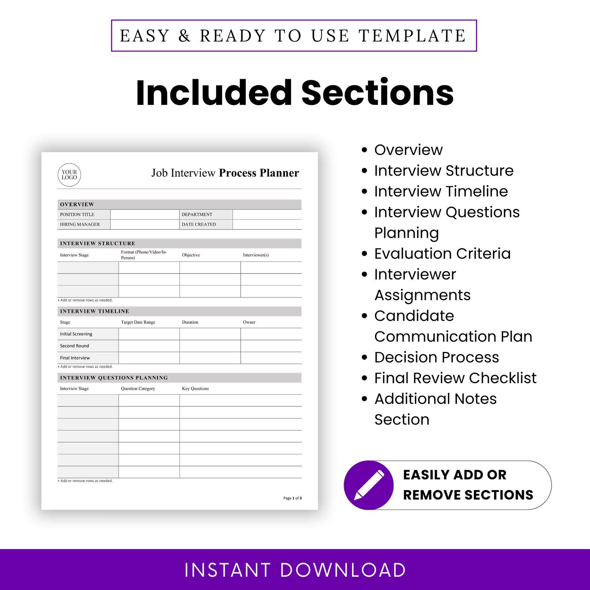 Interview process planner sections list including overview, interview structure, timeline, evaluation criteria, interviewer assignments, candidate communication plan, HR template