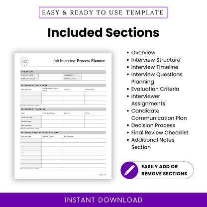 Interview process planner sections list including overview, interview structure, timeline, evaluation criteria, interviewer assignments, candidate communication plan, HR template